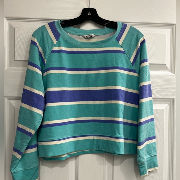 Wildfox Striped Pullover Long Sleeve Blue Stretch Crew Neck Women’s Large - Picture 1 of 3